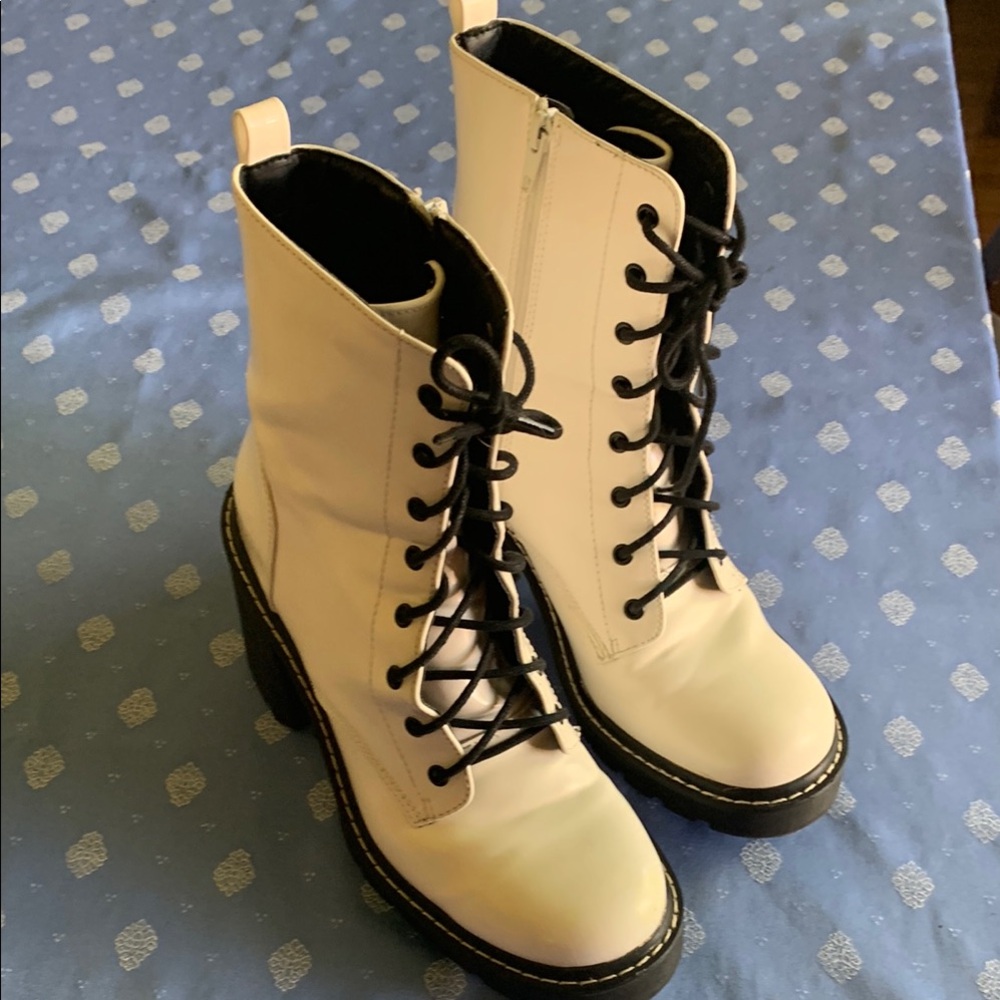 Madden Girl White Lace-Up Boots with Black Accents
